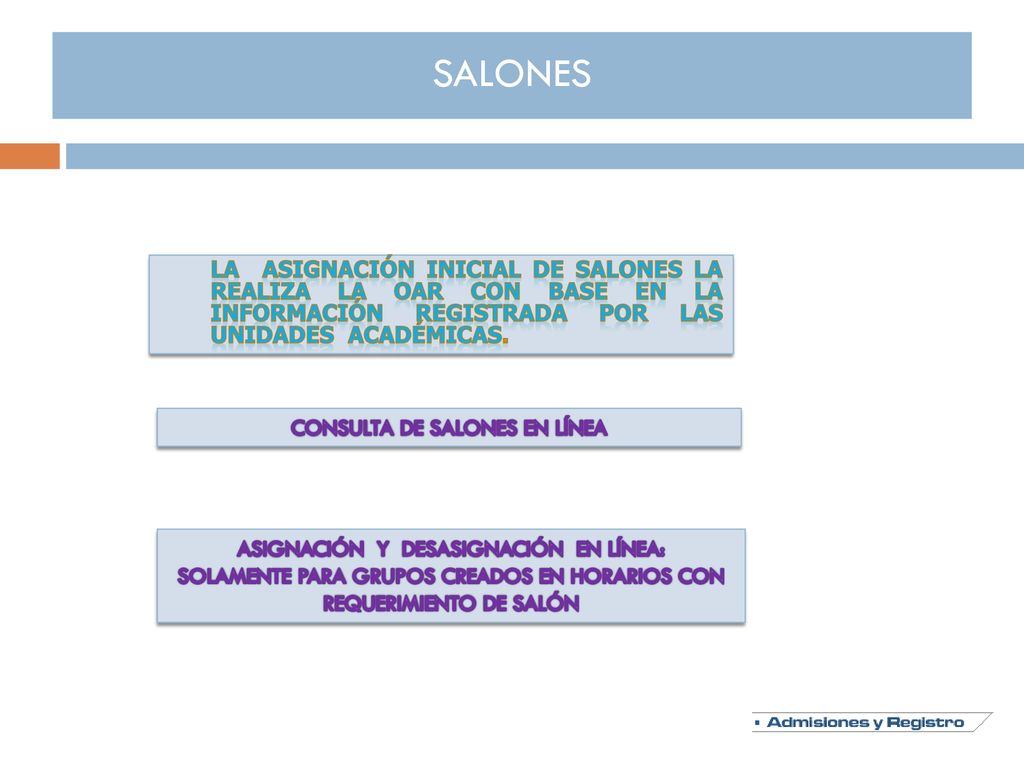 SALONES La asignación inicial de salones la realiza la OAR con base en la información registrada por las Unidades Académicas.