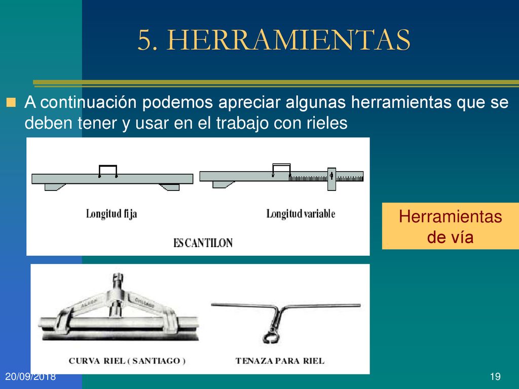 5. HERRAMIENTAS A continuación podemos apreciar algunas herramientas que se deben tener y usar en el trabajo con rieles.