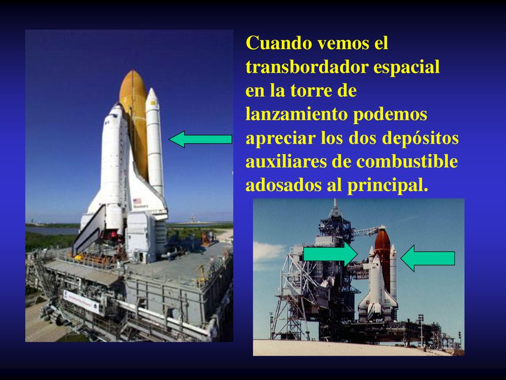 Cuando vemos el transbordador espacial en la torre de lanzamiento podemos apreciar los dos depósitos auxiliares de combustible adosados al principal.