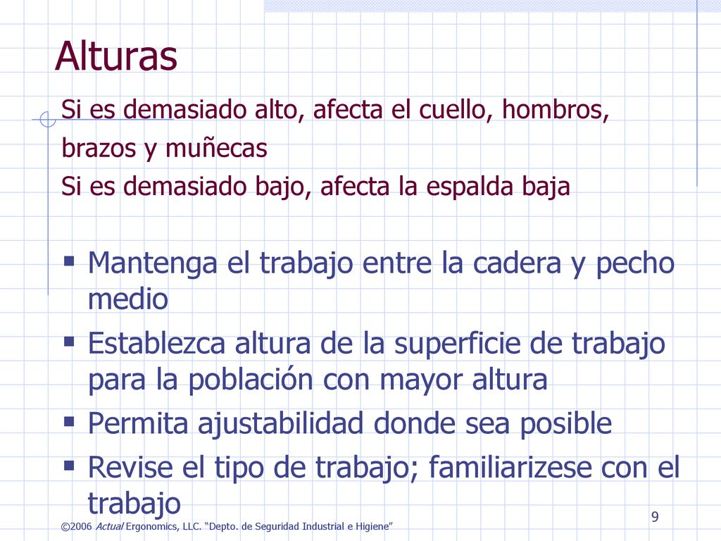 Alturas Mantenga el trabajo entre la cadera y pecho medio