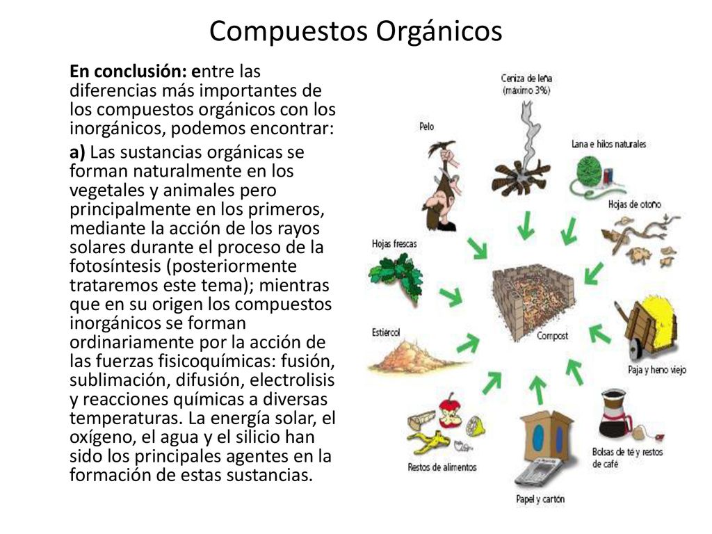 Compuestos Orgánicos En conclusión: entre las diferencias más importantes de los compuestos orgánicos con los inorgánicos, podemos encontrar: