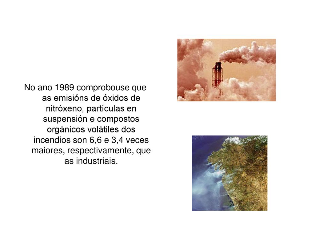 No ano 1989 comprobouse que as emisións de óxidos de nitróxeno, partículas en suspensión e compostos orgánicos volátiles dos incendios son 6,6 e 3,4 veces maiores, respectivamente, que as industriais.