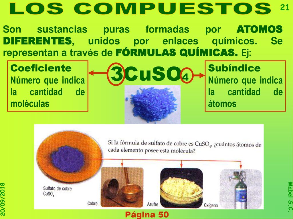 LOS COMPUESTOS Son sustancias puras formadas por ATOMOS DIFERENTES, unidos por enlaces químicos. Se representan a través de FÓRMULAS QUÍMICAS. Ej: