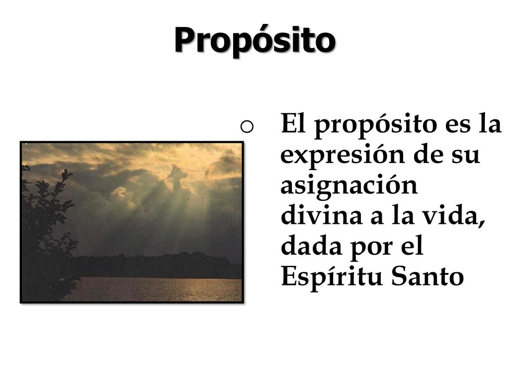 Propósito El propósito es la expresión de su asignación divina a la vida, dada por el Espíritu Santo.