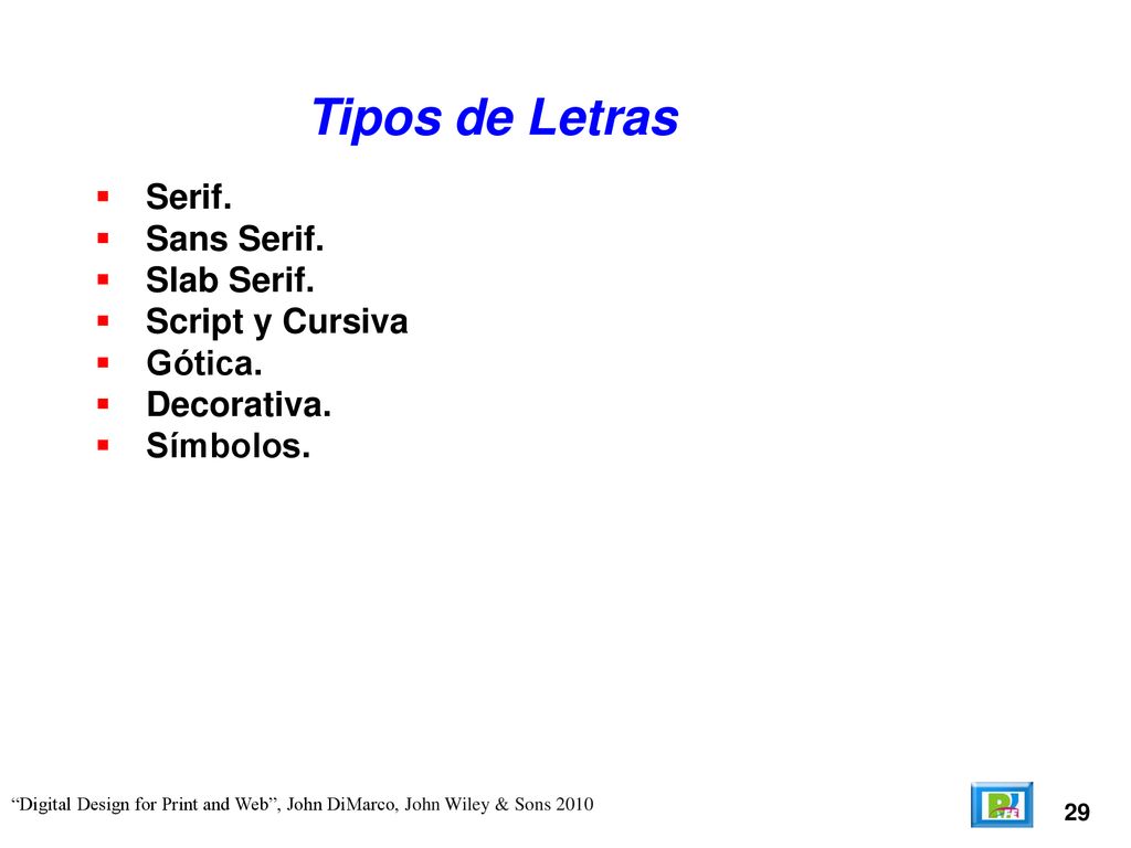 Tipos de Letras Serif. Sans Serif. Slab Serif. Script y Cursiva