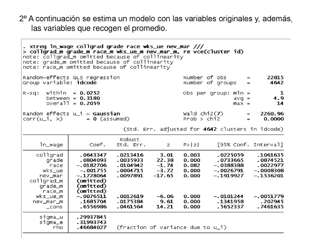 2º A continuación se estima un modelo con las variables originales y, además, las variables que recogen el promedio.