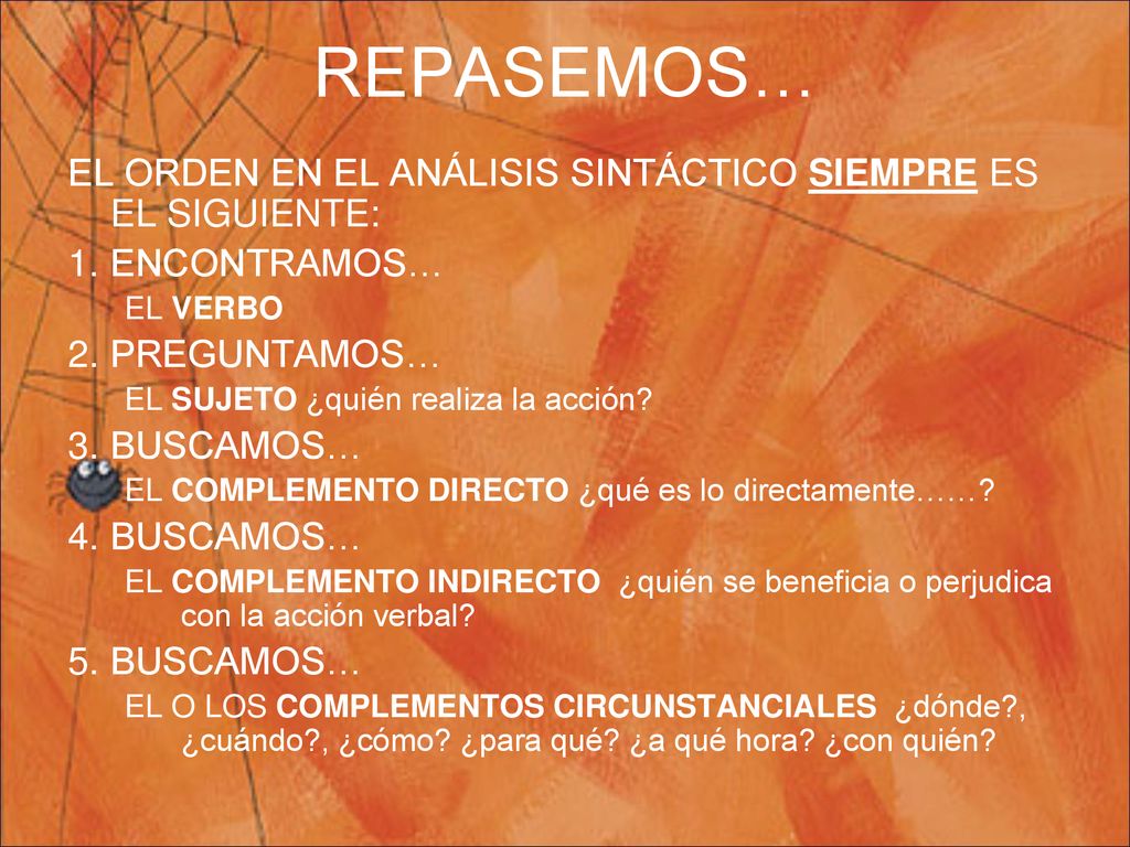 REPASEMOS… EL ORDEN EN EL ANÁLISIS SINTÁCTICO SIEMPRE ES EL SIGUIENTE: