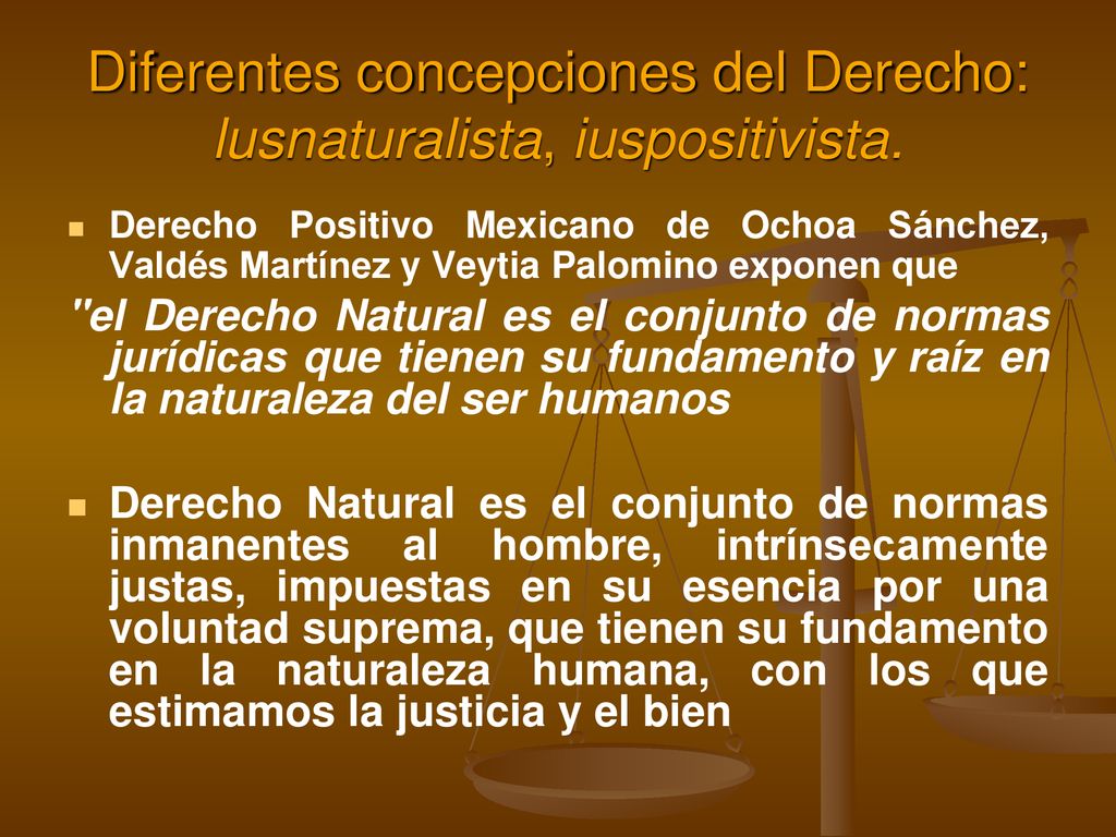 Diferentes concepciones del Derecho: lusnaturalista, iuspositivista.