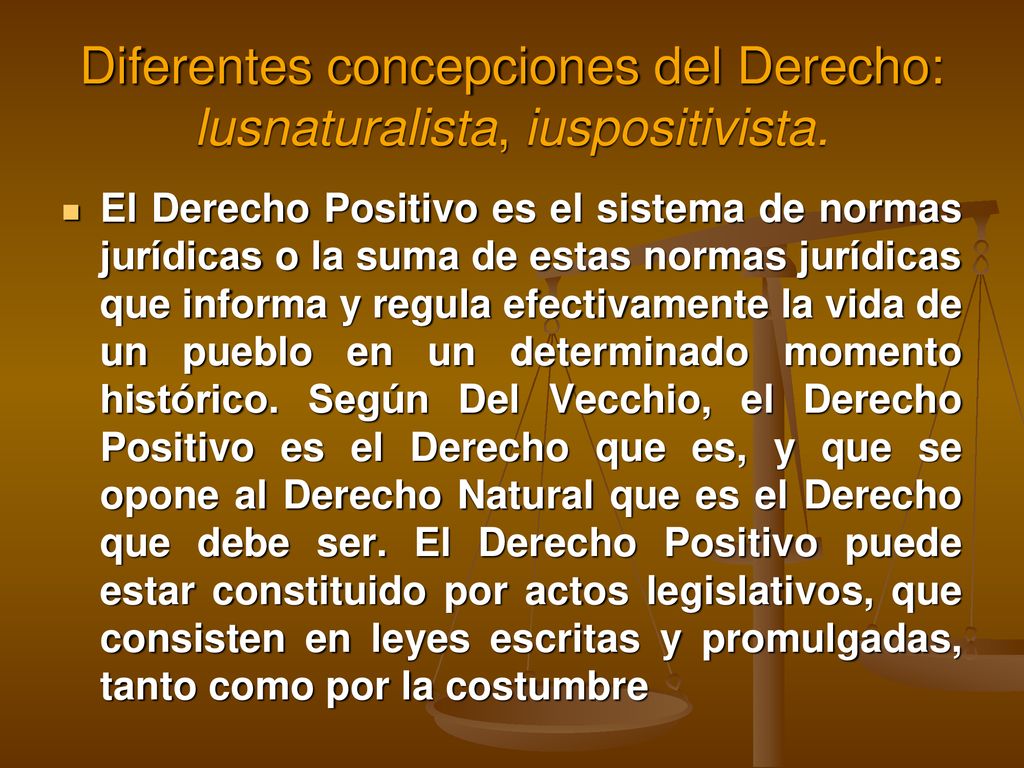 Diferentes concepciones del Derecho: lusnaturalista, iuspositivista.