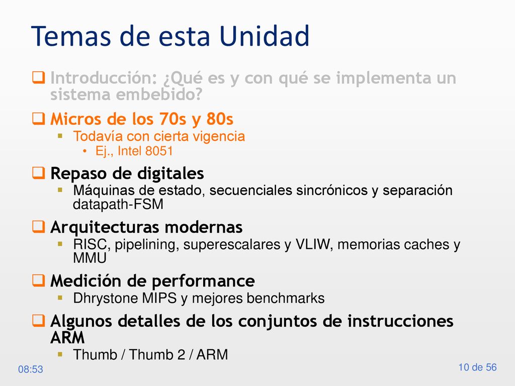 Temas de esta Unidad Introducción: ¿Qué es y con qué se implementa un sistema embebido Micros de los 70s y 80s.
