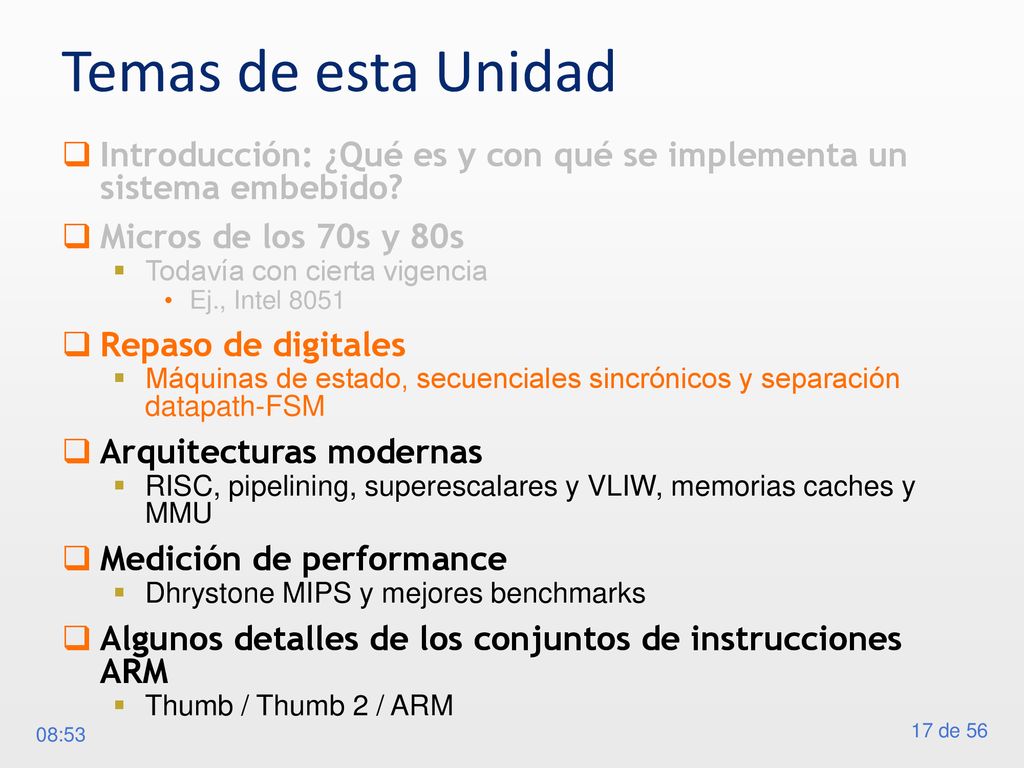 Temas de esta Unidad Introducción: ¿Qué es y con qué se implementa un sistema embebido Micros de los 70s y 80s.