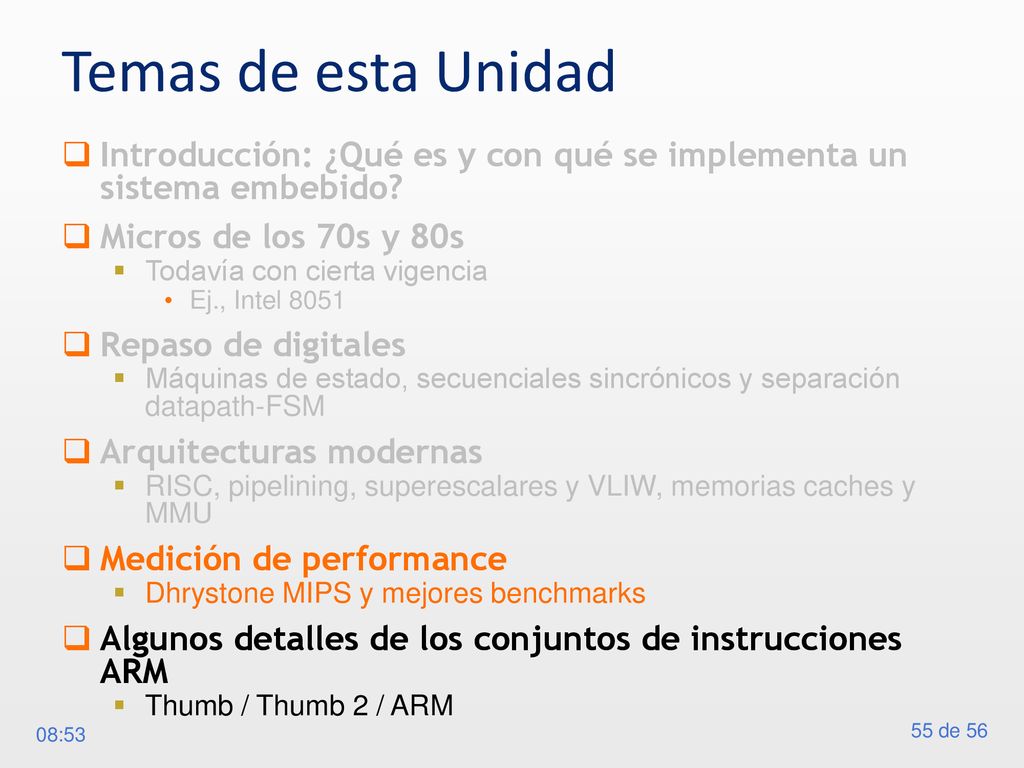 Temas de esta Unidad Introducción: ¿Qué es y con qué se implementa un sistema embebido Micros de los 70s y 80s.