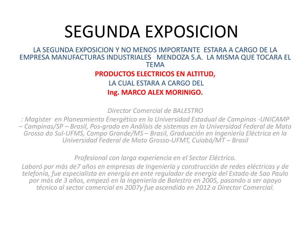 PRODUCTOS ELECTRICOS EN ALTITUD, Ing. MARCO ALEX MORINIGO.