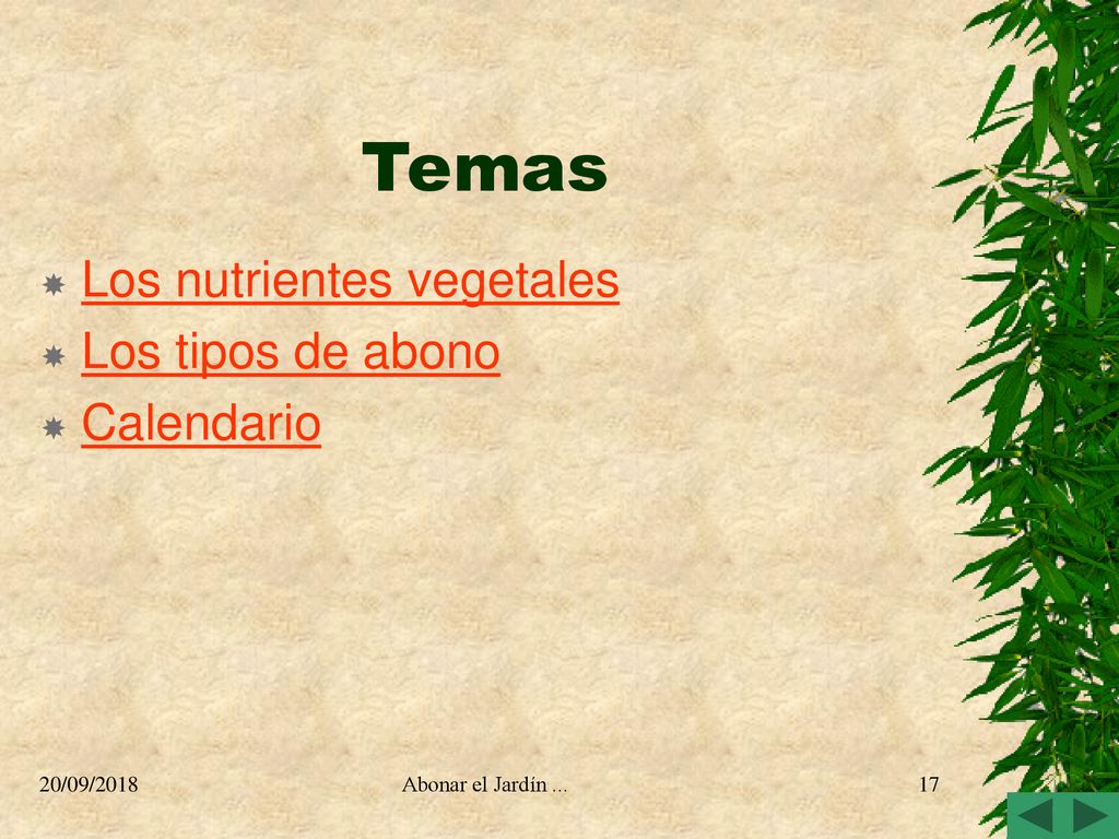 Temas Los nutrientes vegetales Los tipos de abono Calendario