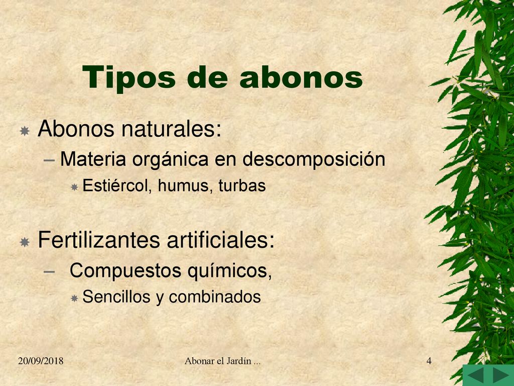 Tipos de abonos Abonos naturales: Fertilizantes artificiales: