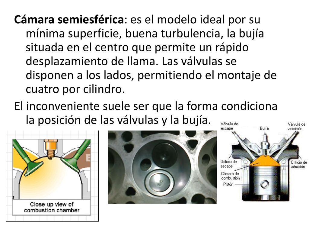Cámara semiesférica: es el modelo ideal por su mínima superficie, buena turbulencia, la bujía situada en el centro que permite un rápido desplazamiento de llama.