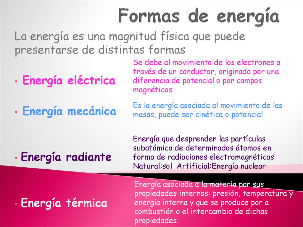 Formas de energía La energía es una magnitud física que puede presentarse de distintas formas. Energía eléctrica.