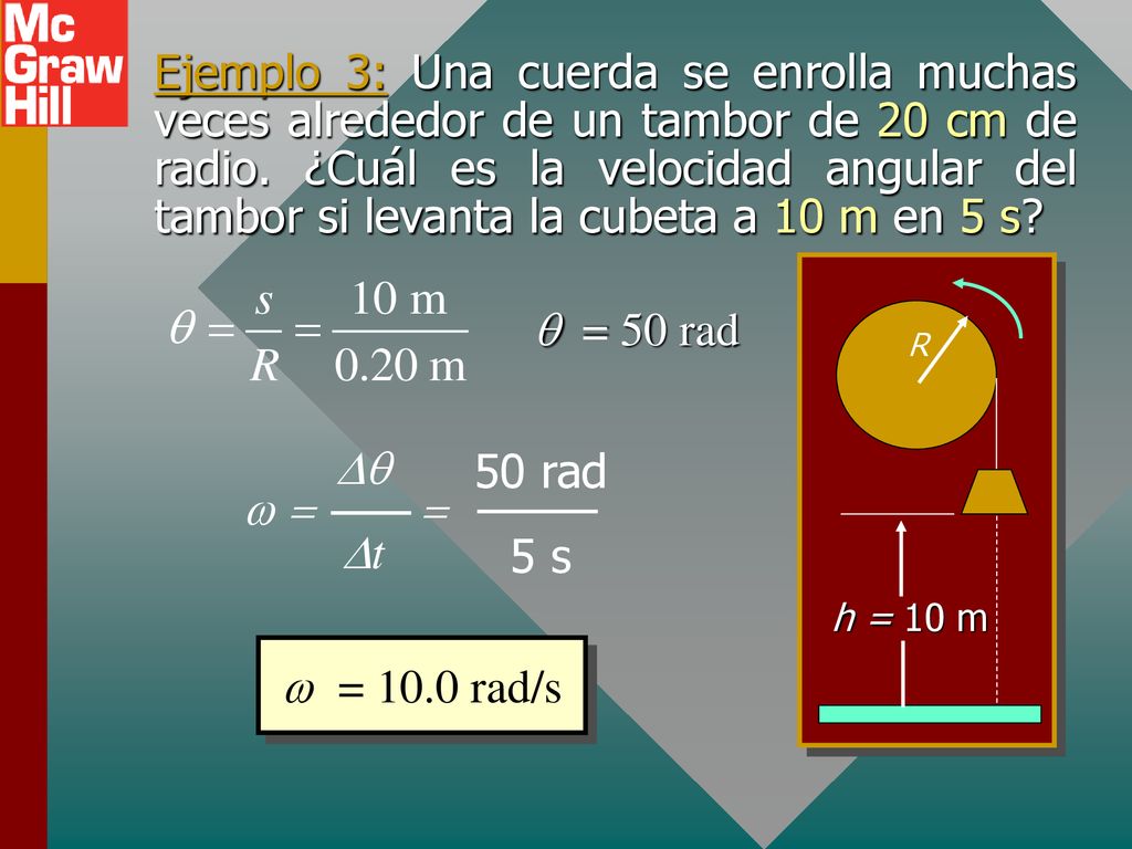 Ejemplo 3: Una cuerda se enrolla muchas veces alrededor de un tambor de 20 cm de radio. ¿Cuál es la velocidad angular del tambor si levanta la cubeta a 10 m en 5 s
