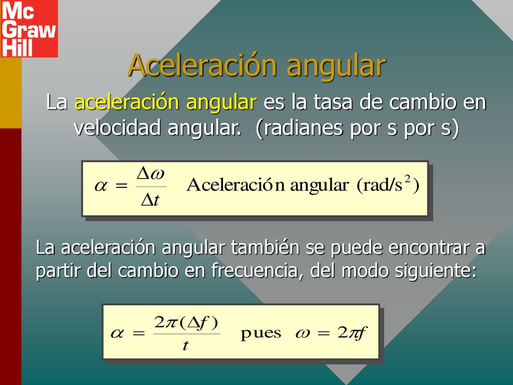Aceleración angular La aceleración angular es la tasa de cambio en velocidad angular. (radianes por s por s)
