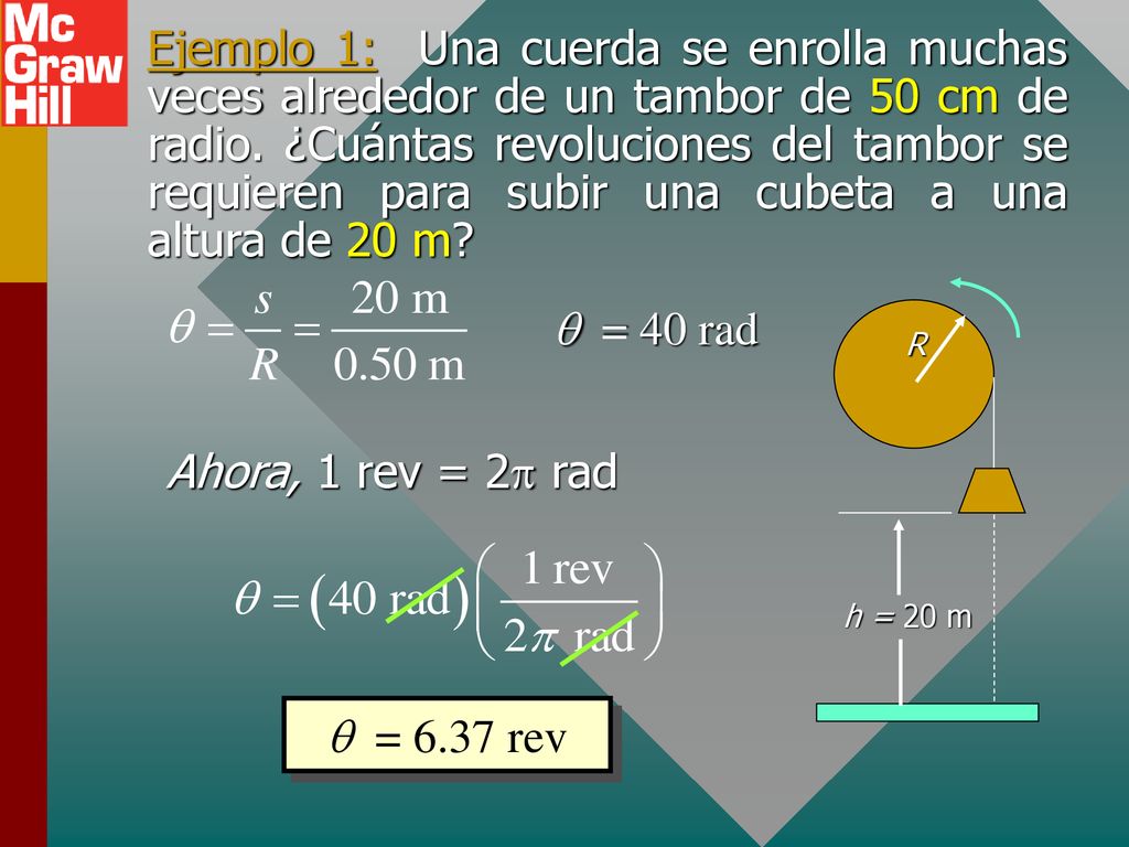 Ejemplo 1: Una cuerda se enrolla muchas veces alrededor de un tambor de 50 cm de radio. ¿Cuántas revoluciones del tambor se requieren para subir una cubeta a una altura de 20 m