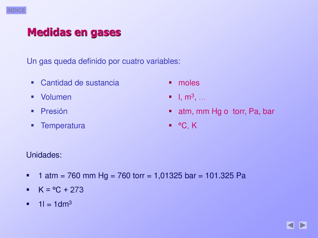 Medidas en gases Un gas queda definido por cuatro variables: