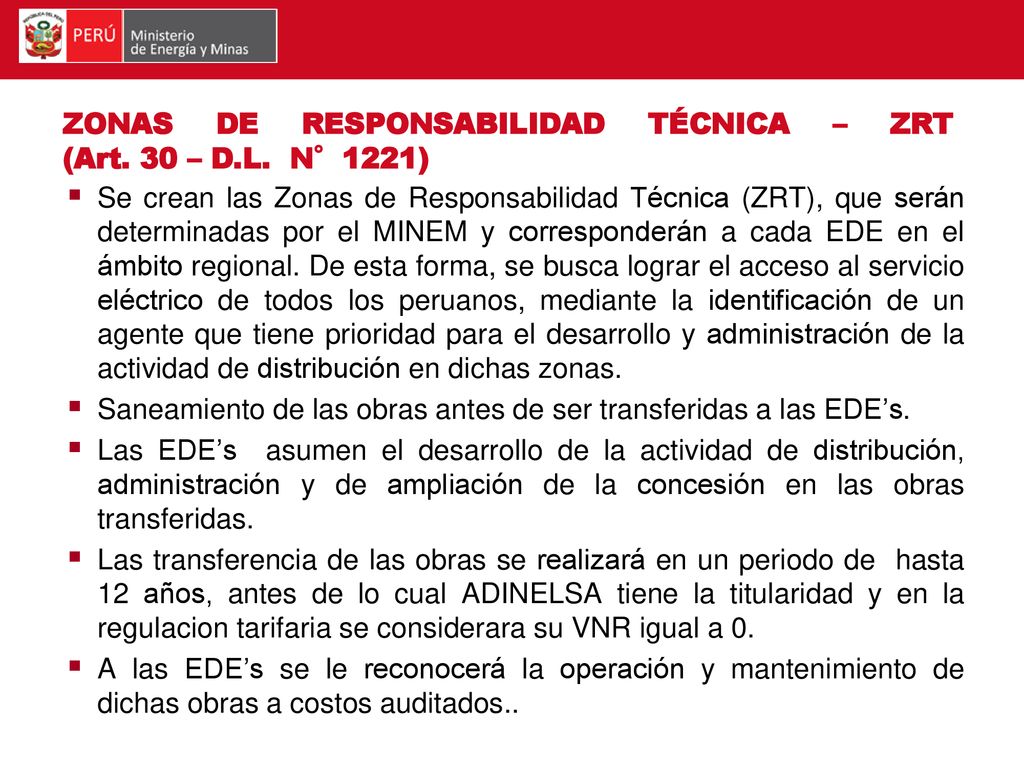 ZONAS DE RESPONSABILIDAD TÉCNICA – ZRT (Art. 30 – D.L. N°1221)
