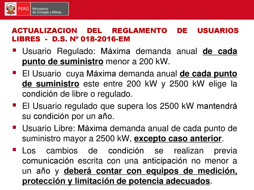 ACTUALIZACION DEL REGLAMENTO DE USUARIOS LIBRES - D.S. Nº EM