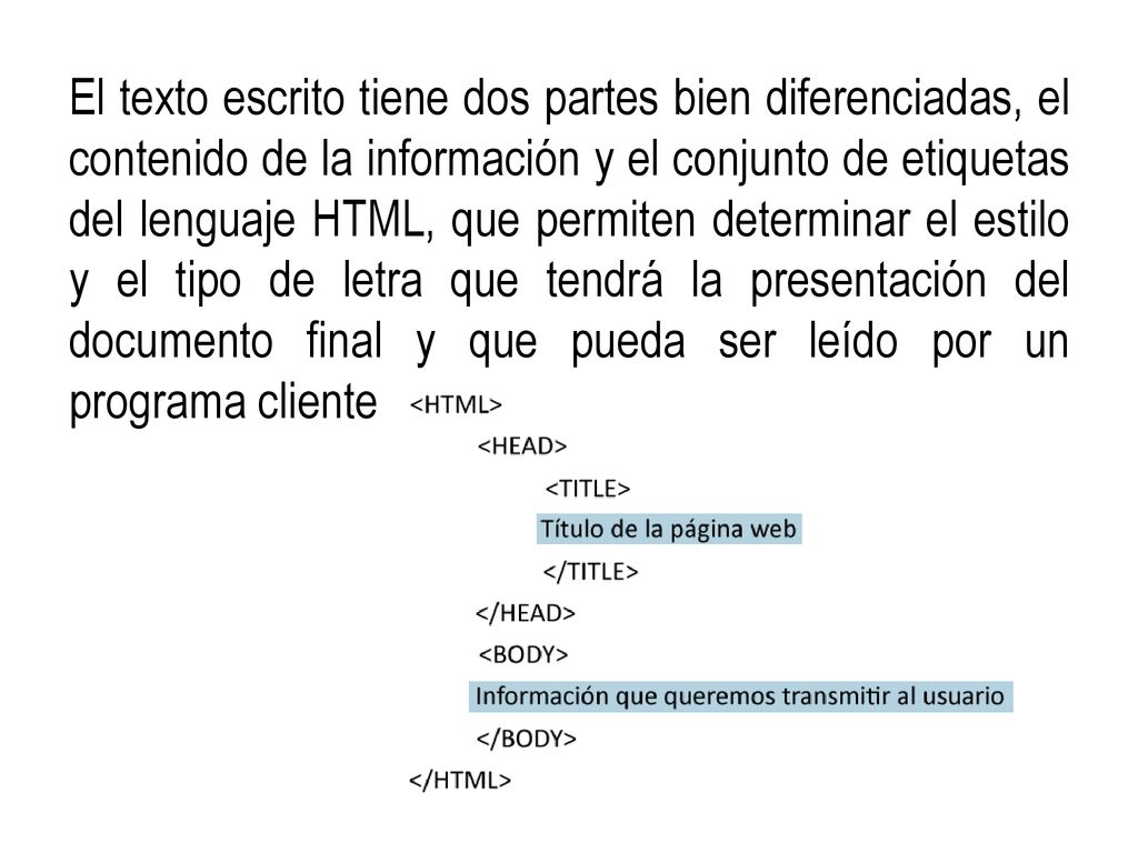 El texto escrito tiene dos partes bien diferenciadas, el contenido de la información y el conjunto de etiquetas del lenguaje HTML, que permiten determinar el estilo y el tipo de letra que tendrá la presentación del documento final y que pueda ser leído por un programa cliente