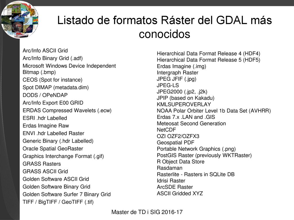 Listado de formatos Ráster del GDAL más conocidos