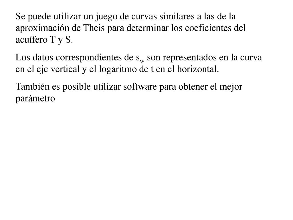 Se puede utilizar un juego de curvas similares a las de la aproximación de Theis para determinar los coeficientes del acuífero T y S.