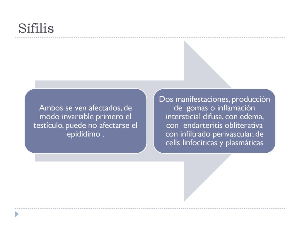 Sífilis Ambos se ven afectados, de modo invariable primero el testículo, puede no afectarse el epidídimo .