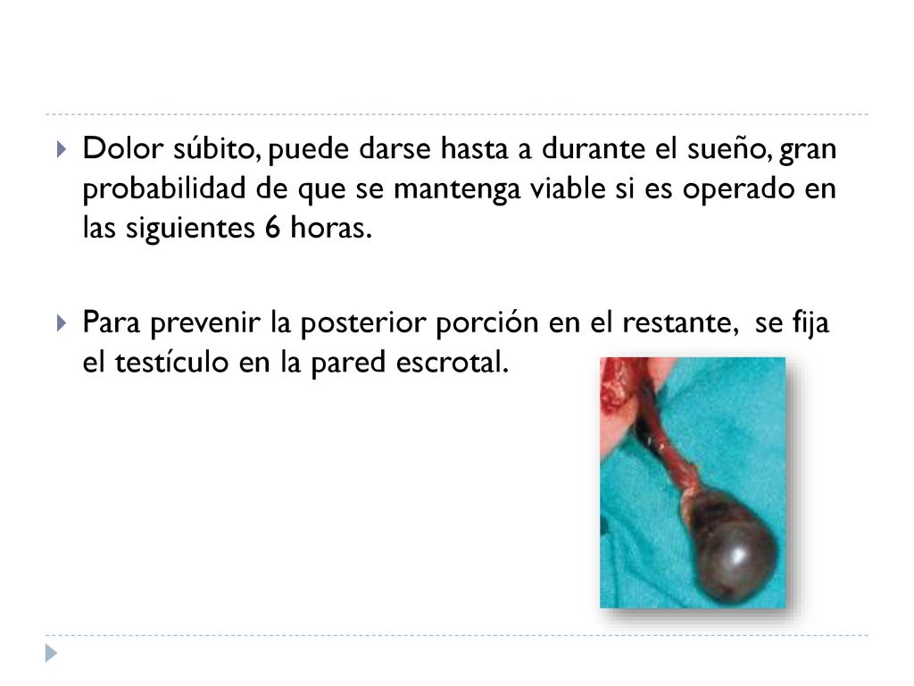 Dolor súbito, puede darse hasta a durante el sueño, gran probabilidad de que se mantenga viable si es operado en las siguientes 6 horas.