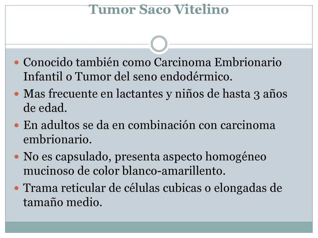 Tumor Saco Vitelino Conocido también como Carcinoma Embrionario Infantil o Tumor del seno endodérmico.