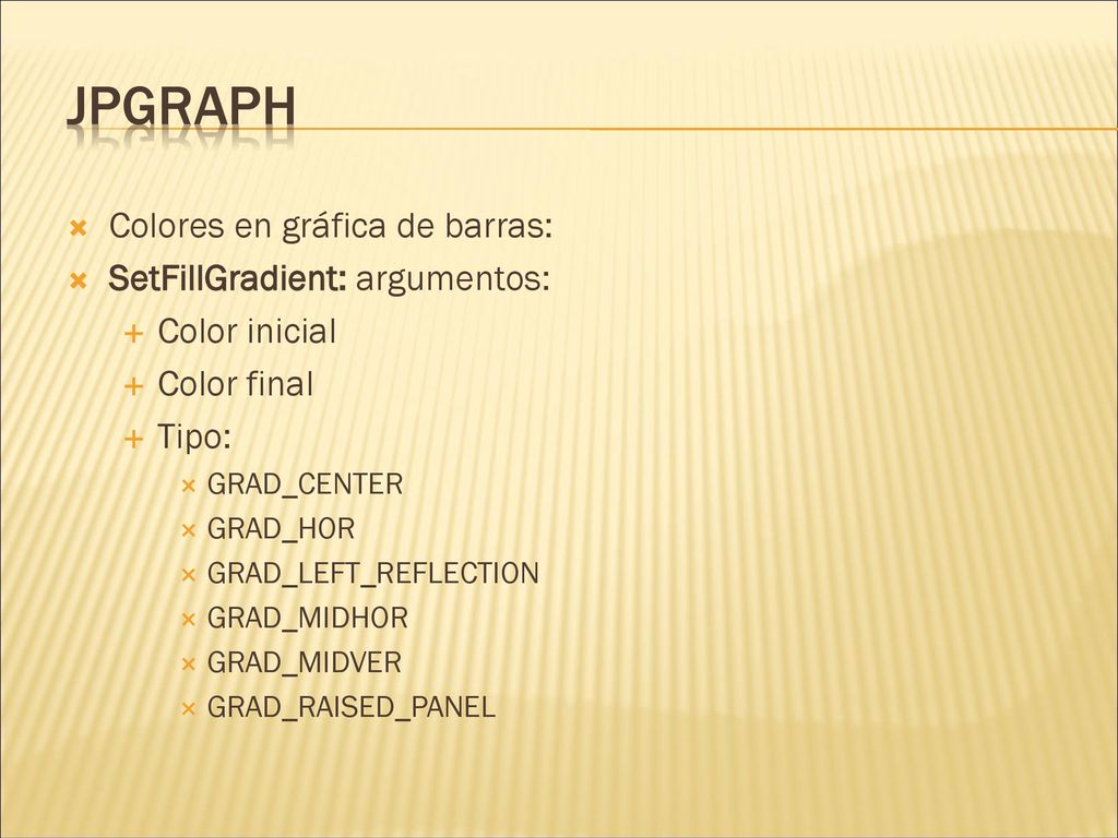 JpGraph Colores en gráfica de barras: SetFillGradient: argumentos: