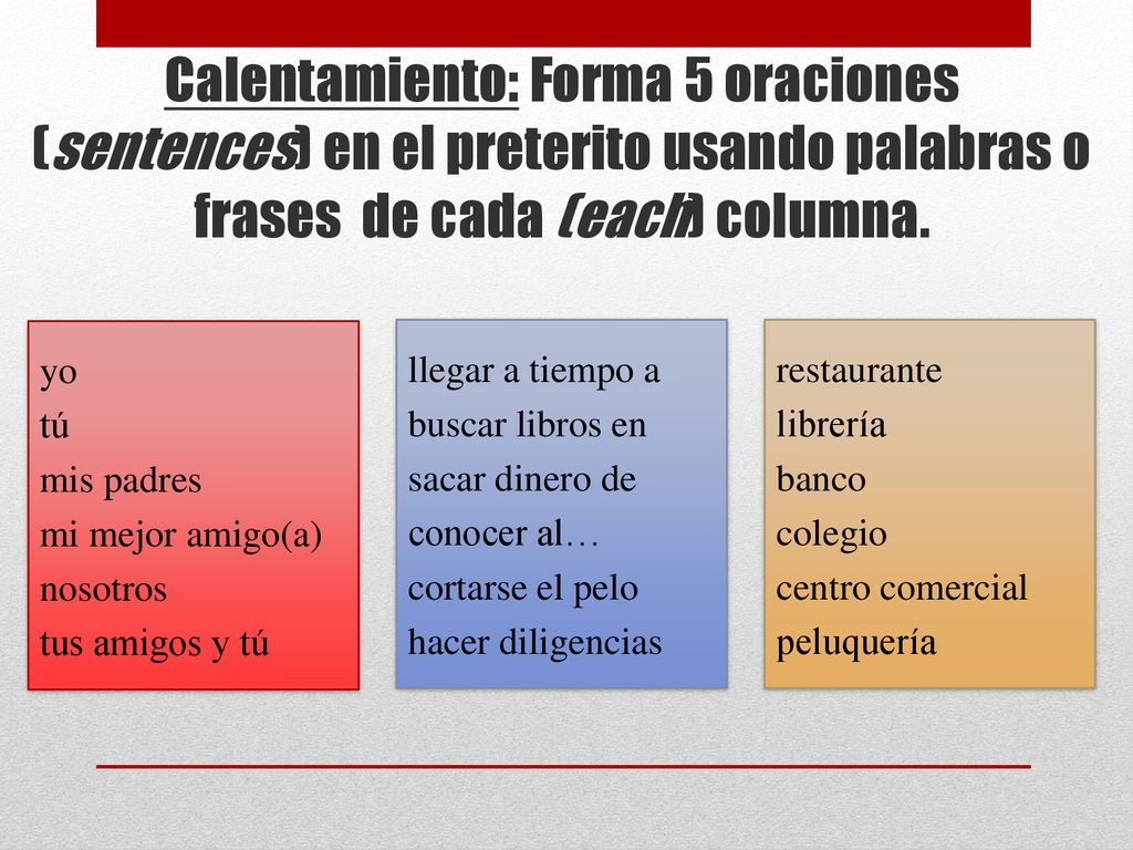 Calentamiento: Forma 5 oraciones (sentences) en el preterito usando palabras o frases de cada (each) columna.