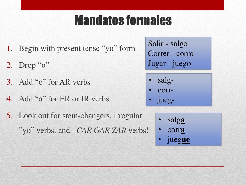 Mandatos formales Begin with present tense yo form Salir - salgo