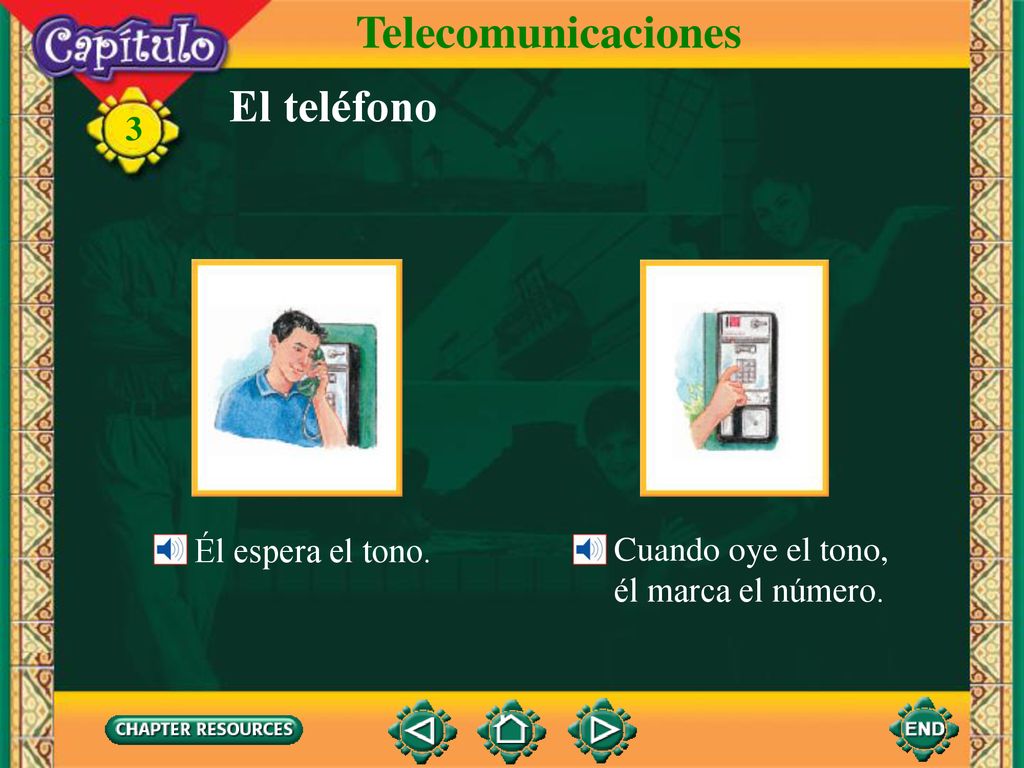 Telecomunicaciones El teléfono Él espera el tono. Cuando oye el tono,