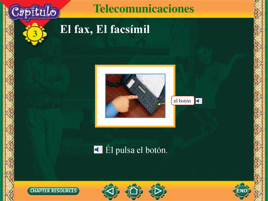 Telecomunicaciones El fax, El facsímil el botón Él pulsa el botón.