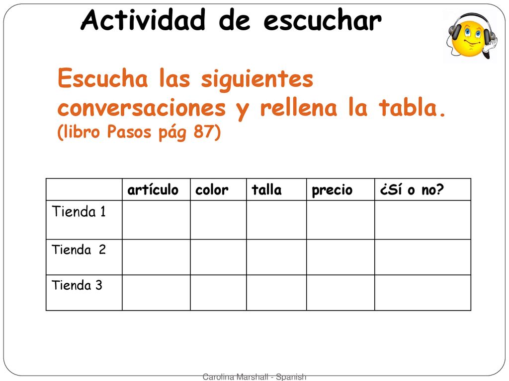 Actividad de escuchar Escucha las siguientes conversaciones y rellena la tabla. (libro Pasos pág 87)