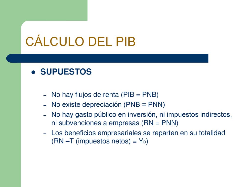 CÁLCULO DEL PIB SUPUESTOS No hay flujos de renta (PIB = PNB)