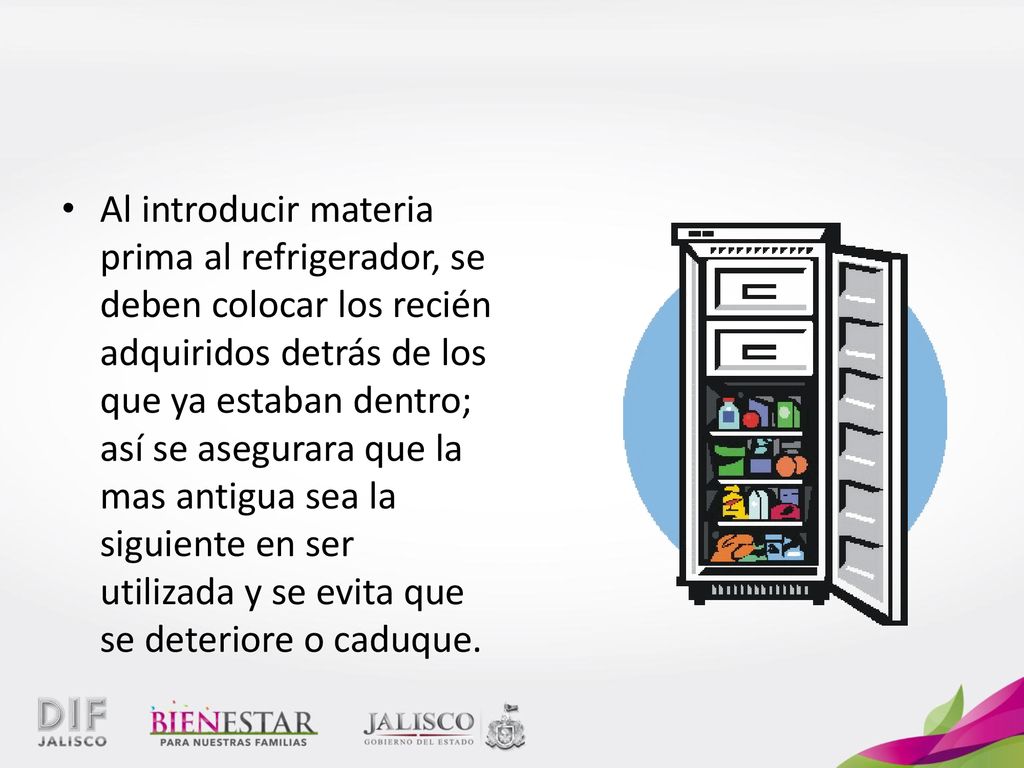 Al introducir materia prima al refrigerador, se deben colocar los recién adquiridos detrás de los que ya estaban dentro; así se asegurara que la mas antigua sea la siguiente en ser utilizada y se evita que se deteriore o caduque.