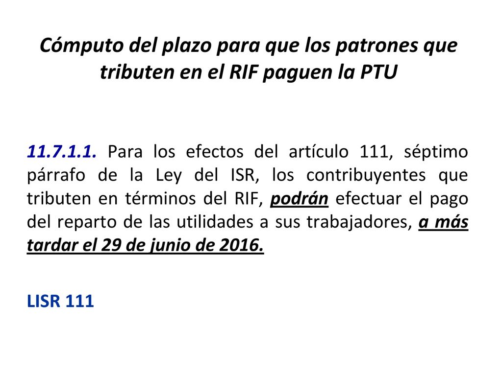 Cómputo del plazo para que los patrones que tributen en el RIF paguen la PTU