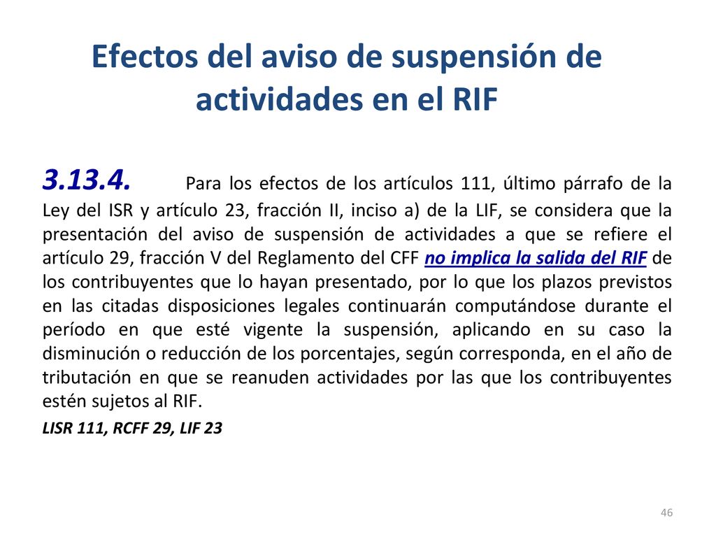 Efectos del aviso de suspensión de actividades en el RIF