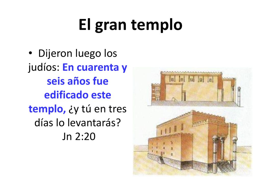 El gran templo Dijeron luego los judíos: En cuarenta y seis años fue edificado este templo, ¿y tú en tres días lo levantarás.