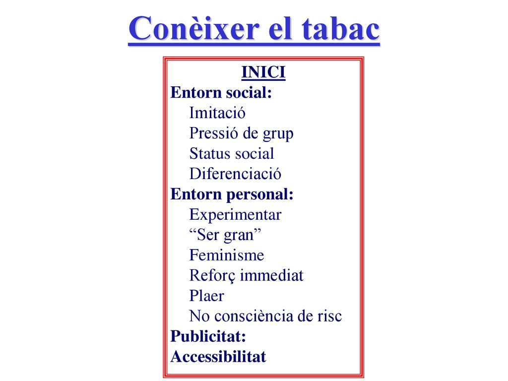 Conèixer el tabac INICI Entorn social: Imitació Pressió de grup