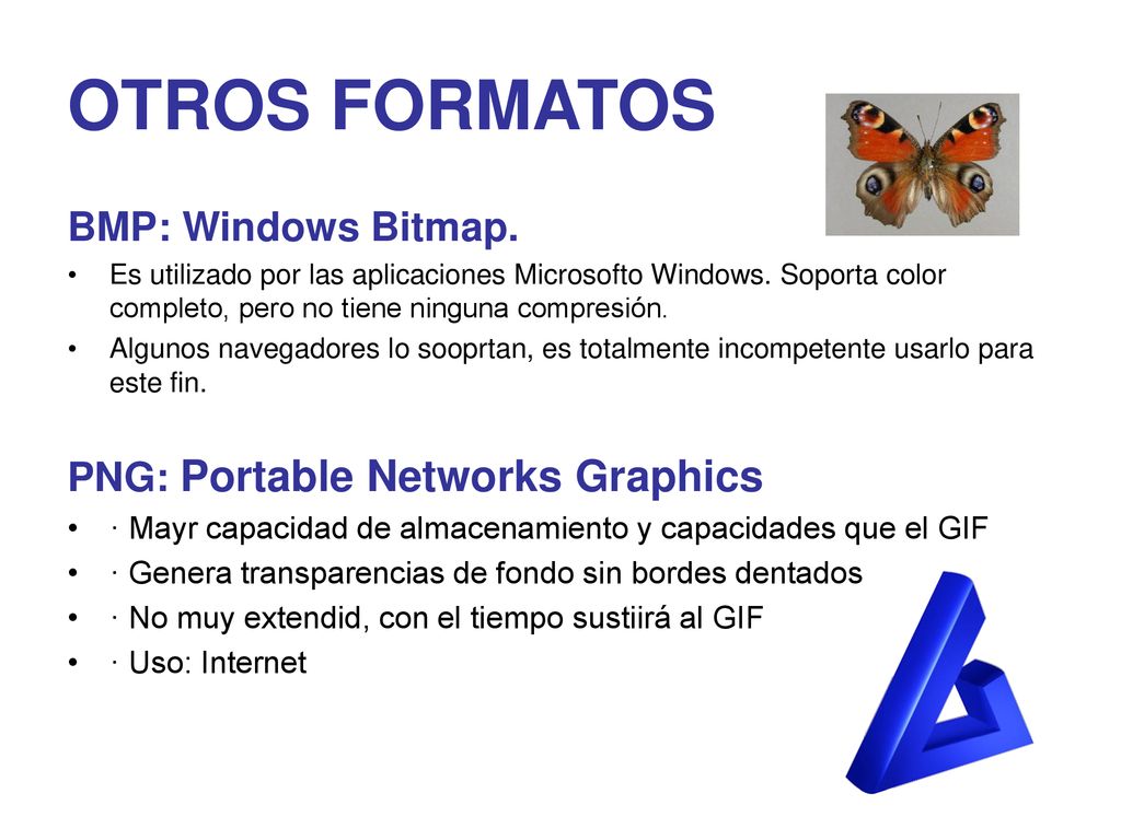 OTROS FORMATOS BMP: Windows Bitmap. PNG: Portable Networks Graphics