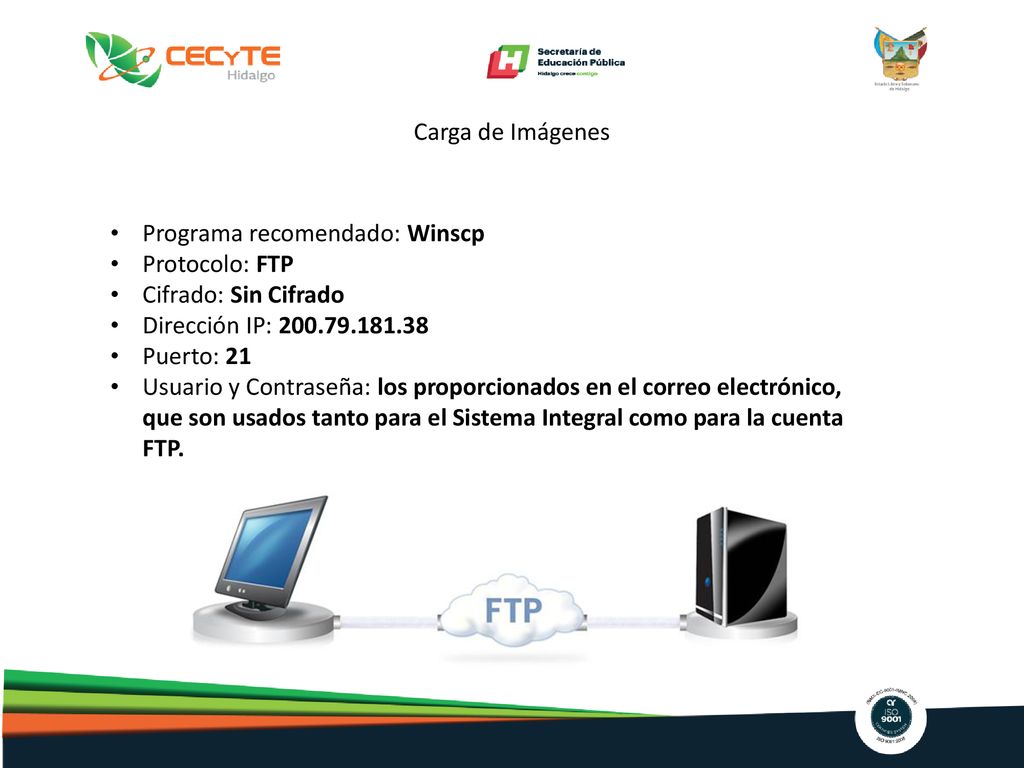 Carga de Imágenes Programa recomendado: Winscp. Protocolo: FTP. Cifrado: Sin Cifrado. Dirección IP: