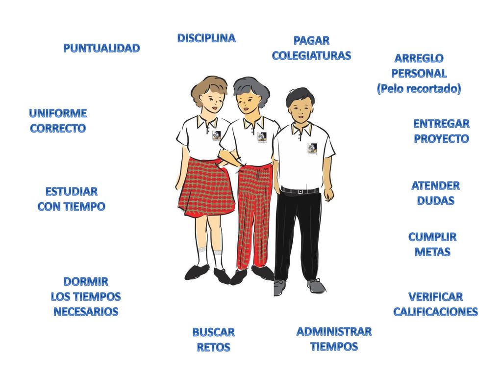 DISCIPLINA PAGAR. COLEGIATURAS. PUNTUALIDAD. ARREGLO. PERSONAL. (Pelo recortado) UNIFORME. CORRECTO.