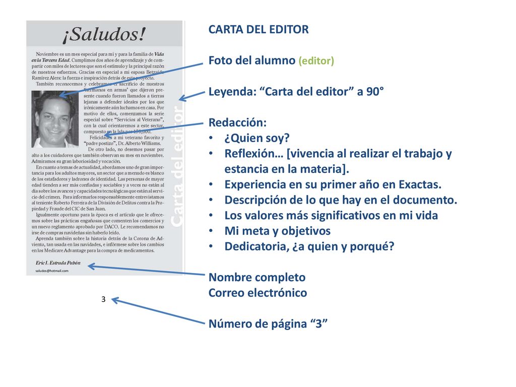 Foto del alumno (editor) Leyenda: Carta del editor a 90° Redacción: