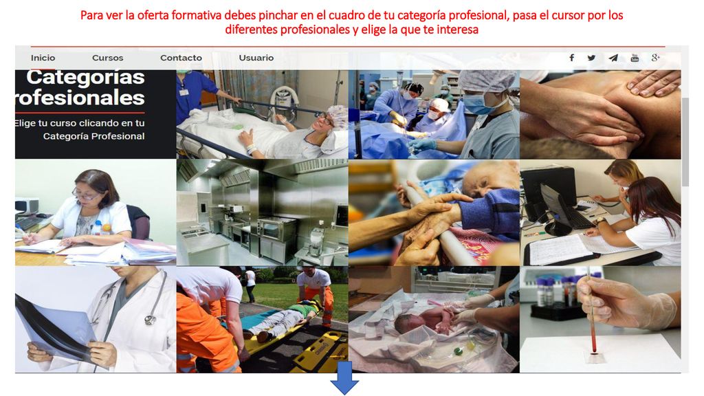 Para ver la oferta formativa debes pinchar en el cuadro de tu categoría profesional, pasa el cursor por los diferentes profesionales y elige la que te interesa